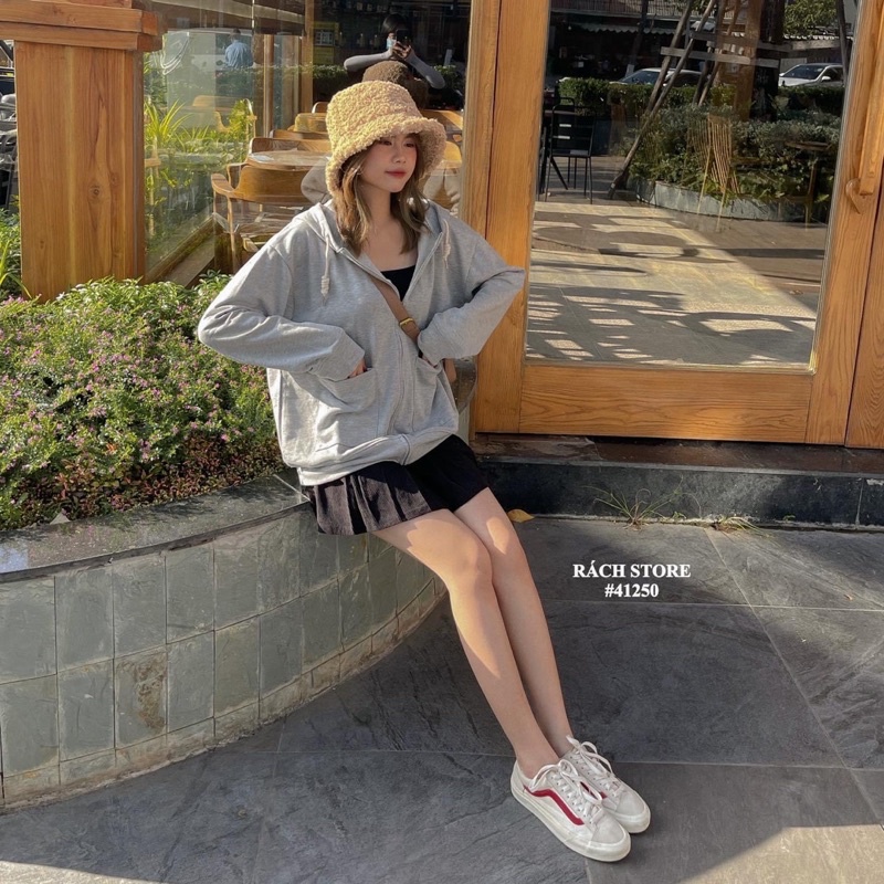 ÁO KHOÁC NỈ QC-1369-trơn-túivuông / NÓN-18040-bôngxù-be