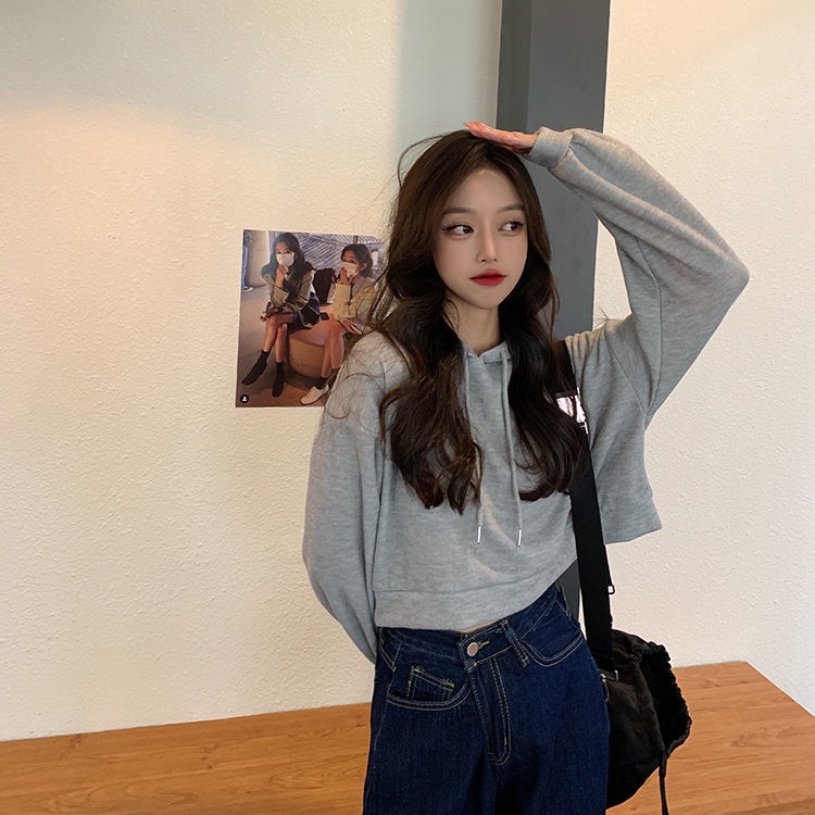 Áo Hoodie Ngắn Mỏng Dáng Rộng Màu Trơn Phong Cách Hàn Quốc Thời Trang Mùa Thu Hàng Mới Dành Cho Bạn Nữ