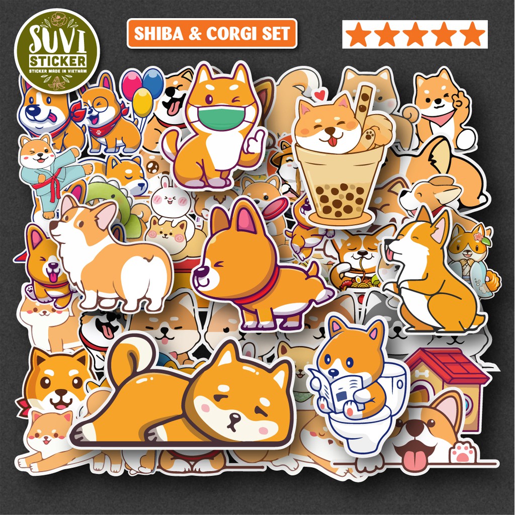 Sticker Shiba and Corgi chống nước sticker dán laptop, điện thoại, đàn guitar, mũ bảo hiểm, vali. MSP: A05