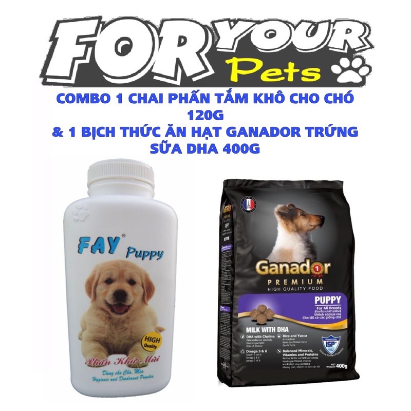 COMBO 1 CHAI PHẤN TẮM KHÔ FAY CHO CHÓ 120G &amp; 1 BỊCH THỨC ĂN HẠT GANADOR TRỨNG SỮA DHA 400G