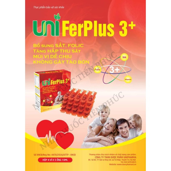 Uni FerPlus 3+ - Bổ sung sắt, các dưỡng chất cần thiết cho quá trình tạo máu, sắt nước cho mẹ va bé Hộp 20 ống