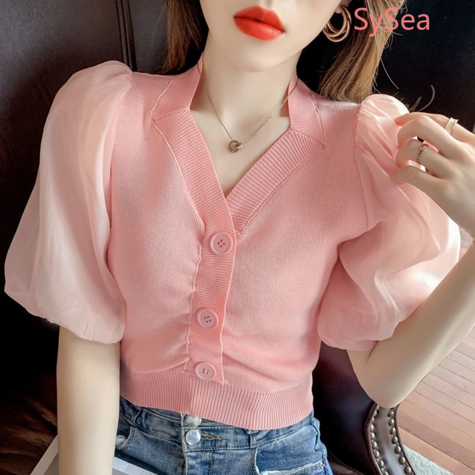 Áo Cardigan Dệt Kim Phối Voan Thời Trang Mùa Hè Cho Nữ