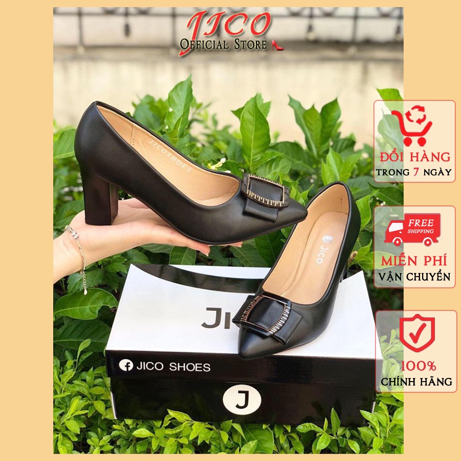 Giày Cao Gót Jico Màu Đen Cao 7cm Có Nơ -