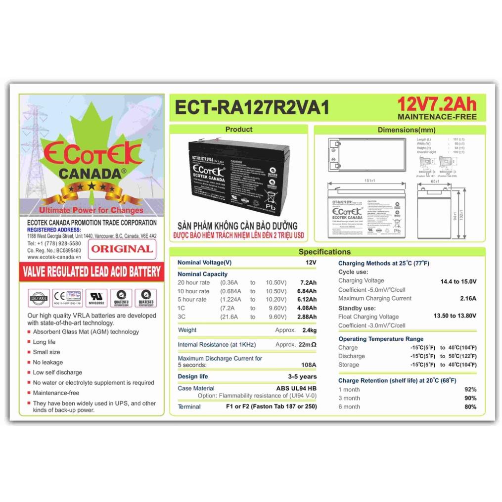 Ắc Quy 12V 7.2AH Ecotek  BH 1 Năm