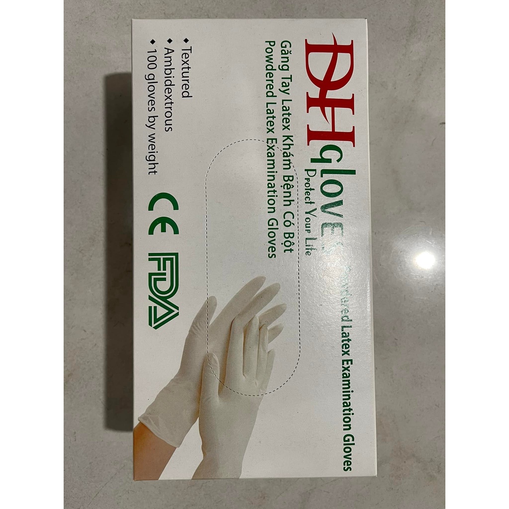 Găng tay latex có bột khám bệnh DHglove size M  và S, màu trắng - thùng 10 hộp, hộp 100 cái
