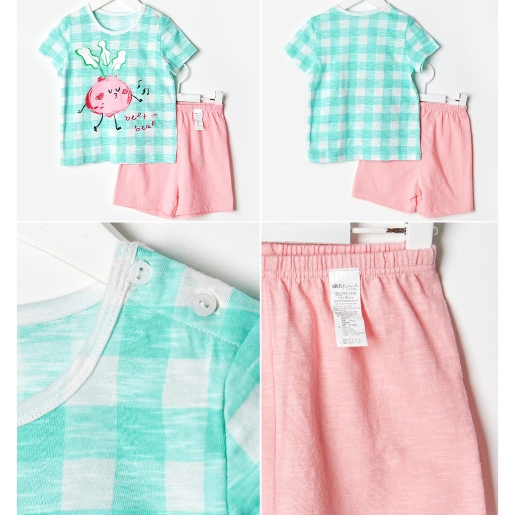 [Big Sale Last Stock] UNIFRIEND Kids Pajamas Girls Sleepwear Clothes Set Home Wear, Short Sleeve 100% Organic, Girls Pyjamas Nightwear (Mint Beet)