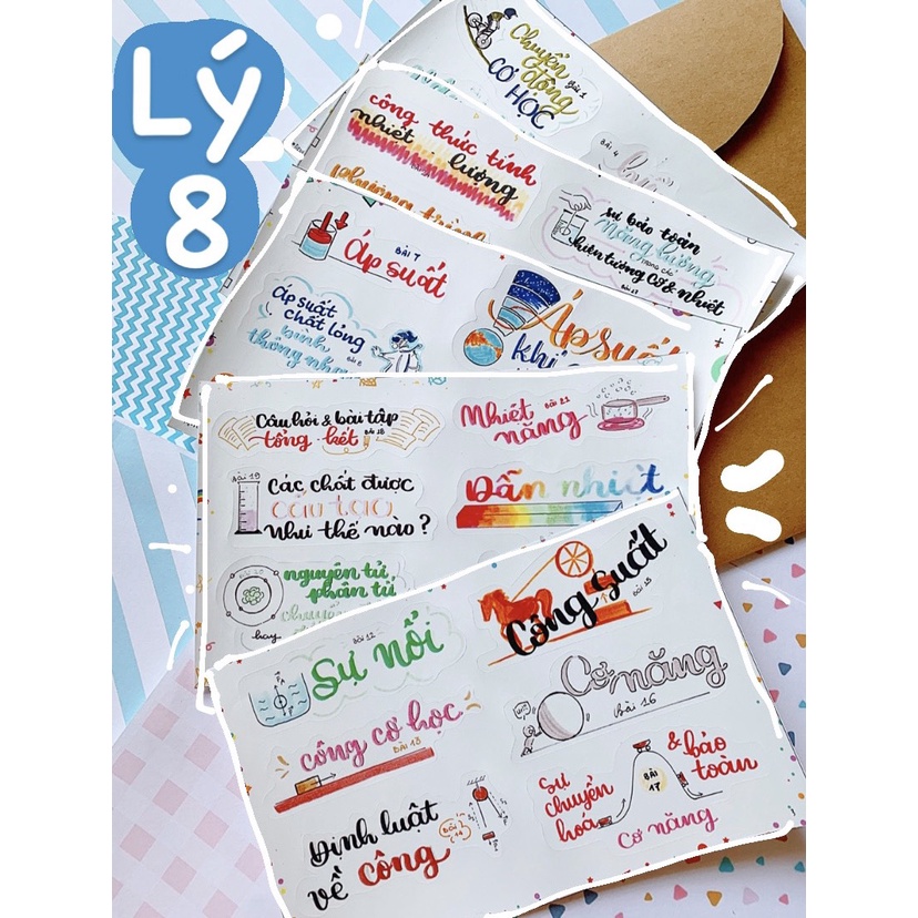 Sticker tiêu đề Vật Lý, Anh Văn lớp 8 - Có đầy đủ các tiêu đề trong SGK