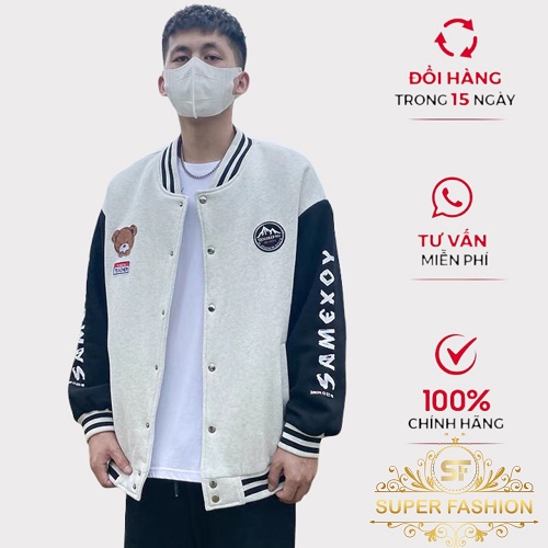 Áo Khoác Nỉ Ngoại Nam Kiểu Dáng Bomber Thiêu Họa Tiết Gấu Thời Trang Super Fashion