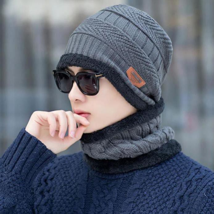 Mũ kèm khăn len lót lông 2 in 1 nam - nữ thu đông cao cấp