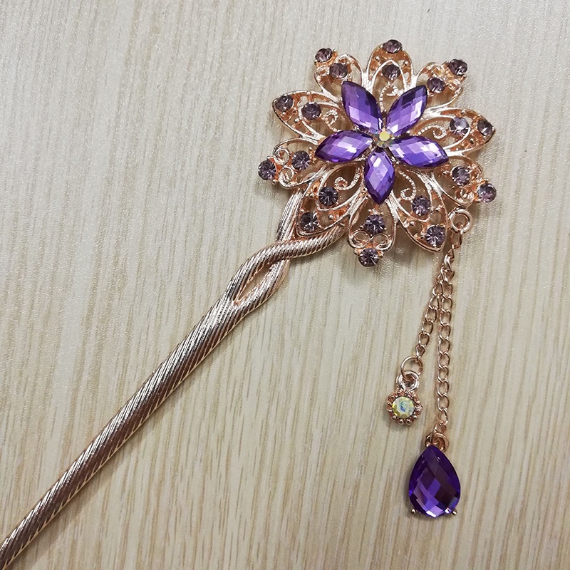 Trâm cài tóc đính đá họa tiết hoa tròn tua rua vintage