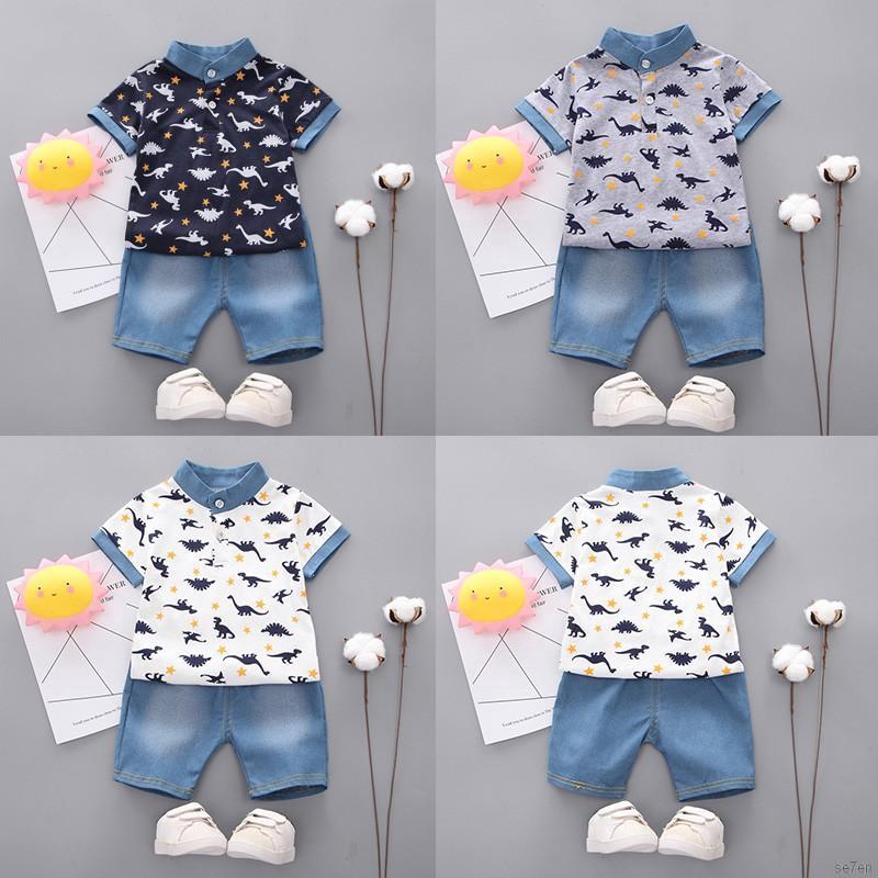 Bộ áo thun tay ngắn in hình khủng long và quần đùi dành cho bé trai