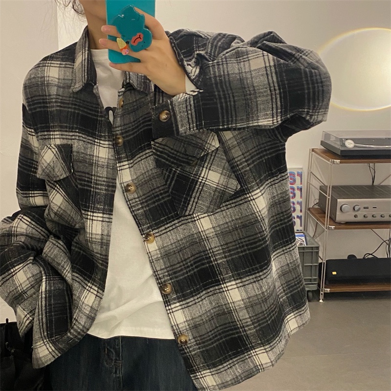 SUXI Áo Sơ Mi Nữ Ca Rô Dài Tay Cổ Bẻ Thời Trang Hàn