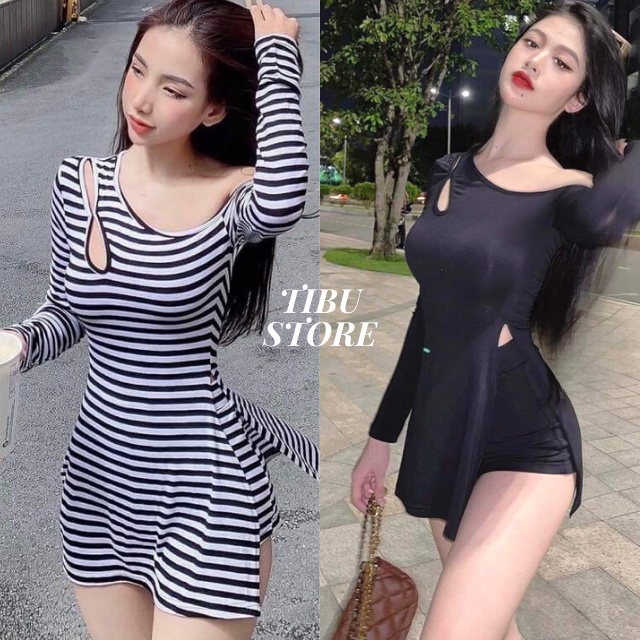 Set Body Trễ Vai Giả Váy Tay Dài TIBU, Đầm Nữ Lệch Khoét Tôn Dáng Gợi Cảm Đi Chơi Đi Tiệc