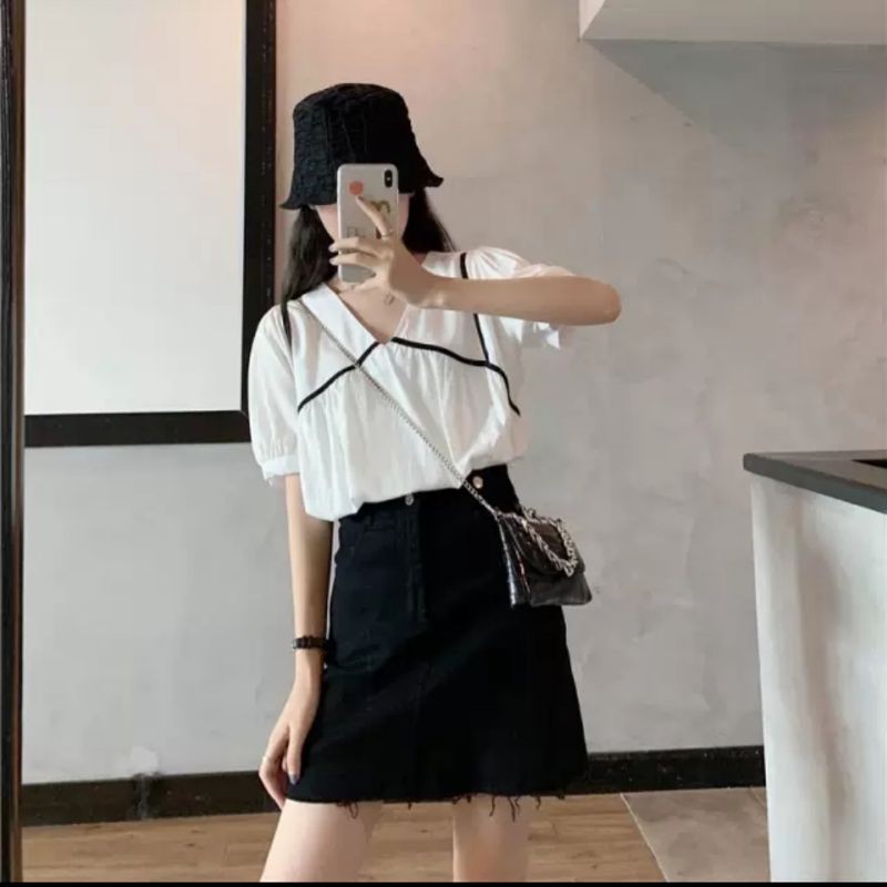 áo babydoll cộc tay cổ v viền đen ulzzang ảnh thật