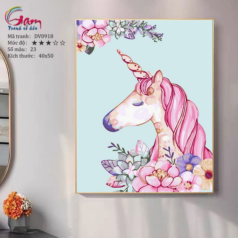 Tranh tự tô màu theo số sơn dầu số hóa Gam Tranh ngựa thần Unicorn thành công may mắn DV0918