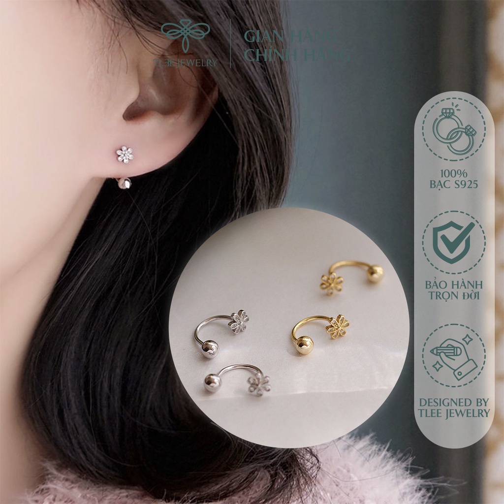 Khuyên tai bạc TLEE chốt vặn dáng cong hình hoa năm cánh dịu dàng NCJ B0151