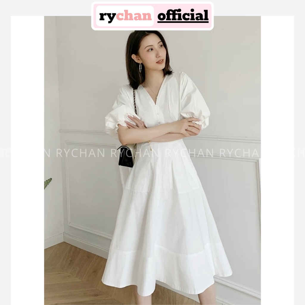 Đầm Xòe Midi Trắng Cổ V Tay Phồng Chít Eo Lót Trong Dày Dặn - DX0120