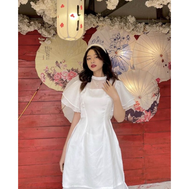 Áo dài cách tân trắng kèm chân váy xòe ullzang kèm ảnh thật