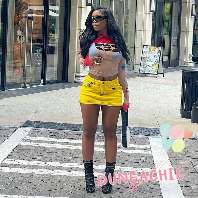 DUNEA Áo Thun Tay Dài Phối Lưới Xuyên Thấu In Họa Tiết Thời Trang Cho Nữ