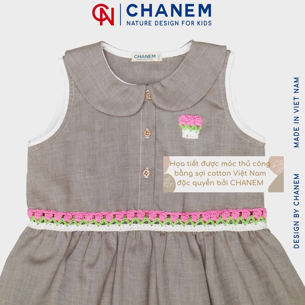 Váy bé gái cổ sen phối họa tiết móc thủ công bằng sợi cotton Việt Nam MITULIP CHANEM, váy chất liệu cotton thoáng mát