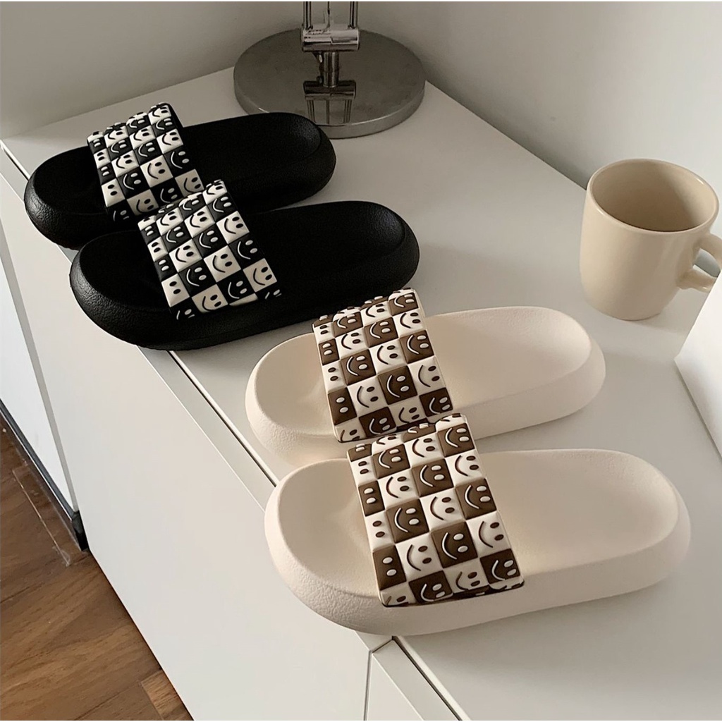 Dép bánh mì kẻ caro hình mặt cười CHÍNH HÃNG XIXITIAO dép quai ngang nam nữ - Kichi Shoes