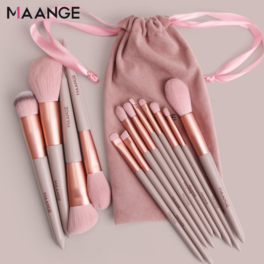 Set 13 cọ trang điểm MAANGE chất lượng cao sợi lông nano siêu mềm tay cầm bằng gỗ + túi