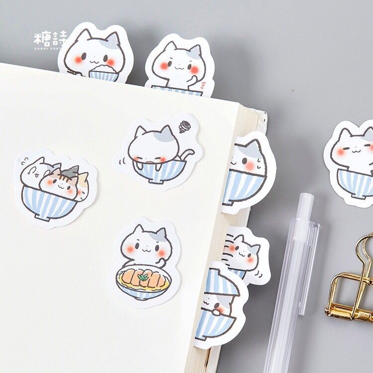Hộp 45 nhãn dán sticker trang trí sổ lưu niệm/ tạp chí họa tiết mèo hoạt hình dễ thương ST194