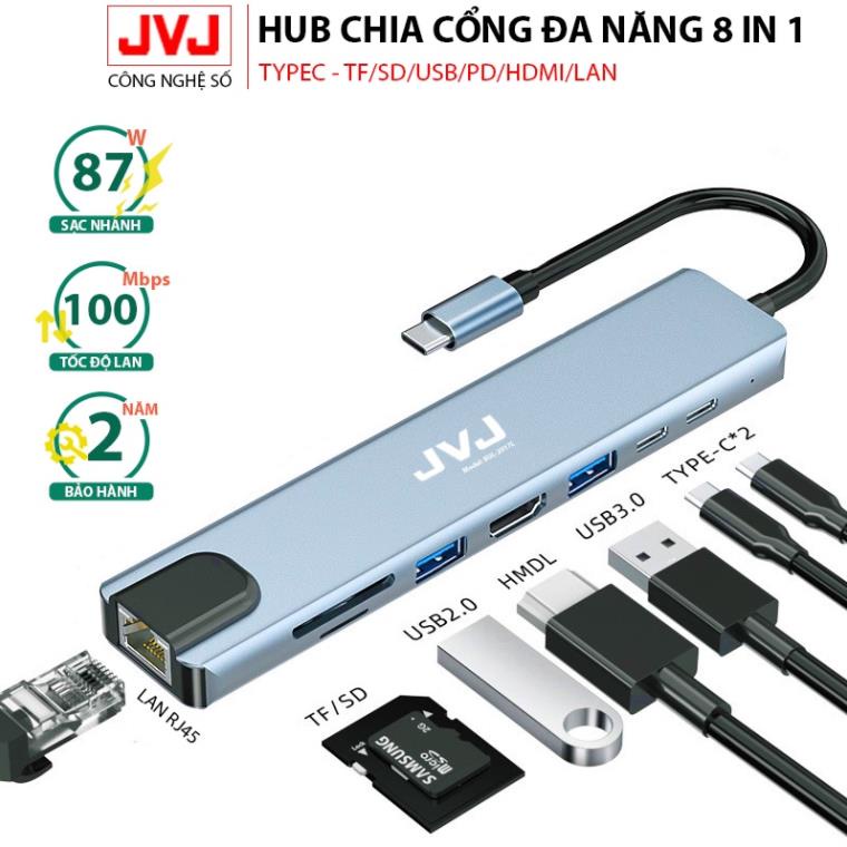 Hub USB Type-C JVJ BUL-2017L đa năng 8 Cổng HDMI USB 3.0 SD TF LAN Gigabit RJ45 tốc độ truyền mạng 100Mbps Bh 2 năm