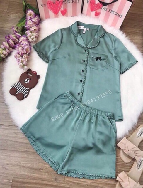 Bộ lụa Pijama viền bèo cao cấp(hàng y hình) | BigBuy360 - bigbuy360.vn