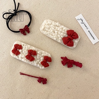 Dây Cột Tóc/Kẹp Tóc Đính Nơ 100% Len Nhựa Màu Đỏ Xinh Xắn Cho Nữ