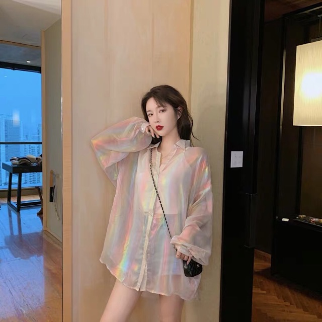 (Ảnh thật) Áo sơ mi ulzzang cầu vồng 7 màu lấp lánh xuyên thấu trong suốt sexy siêu lạ vải phản quang dưới mặt trời