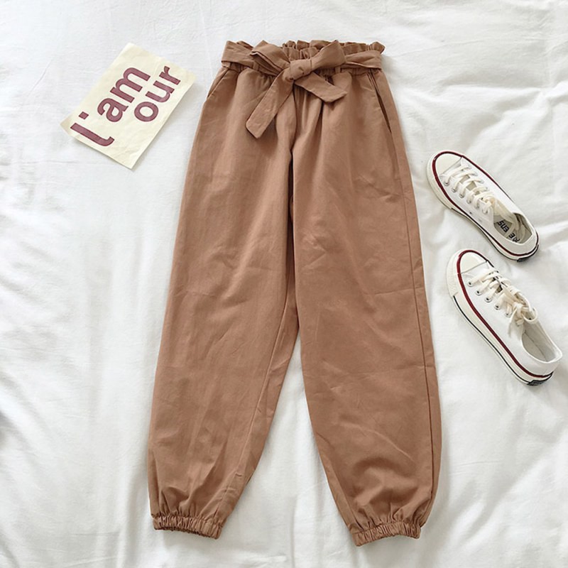 Women Harem Pants Mid Waist Elastic Drawstring Solid Color Straight Casual Long Nine Pants | BigBuy360 - bigbuy360.vn