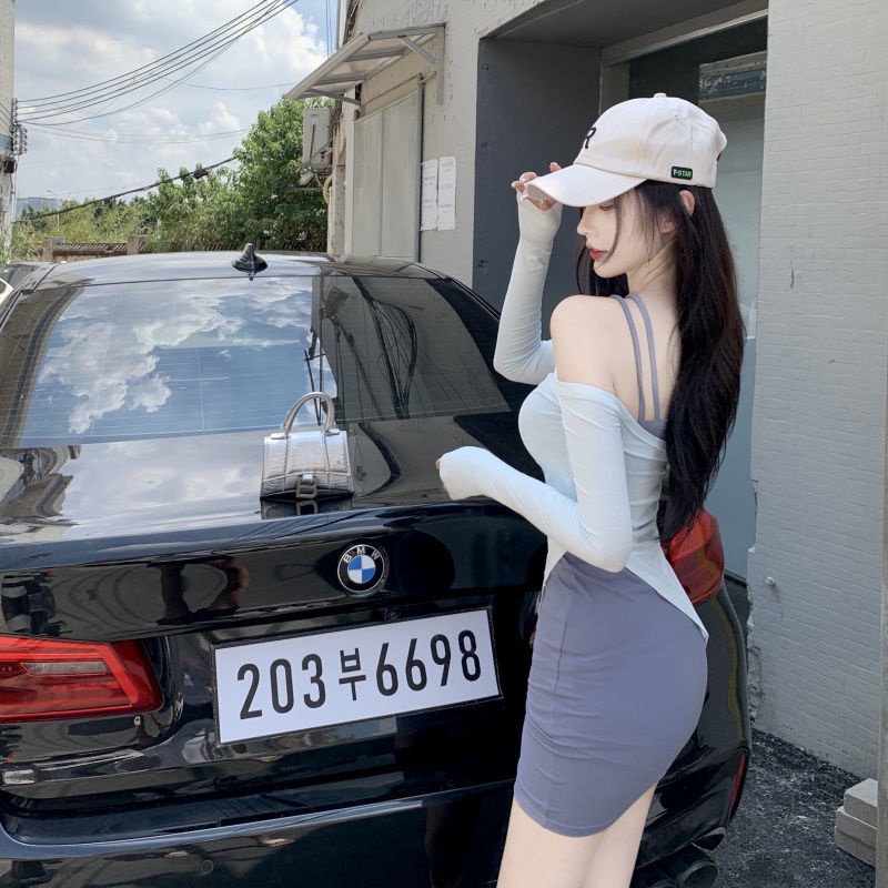 COZOK Set áo thun tay dài trễ vai + đầm sát nách thiết kế hợp thời trang