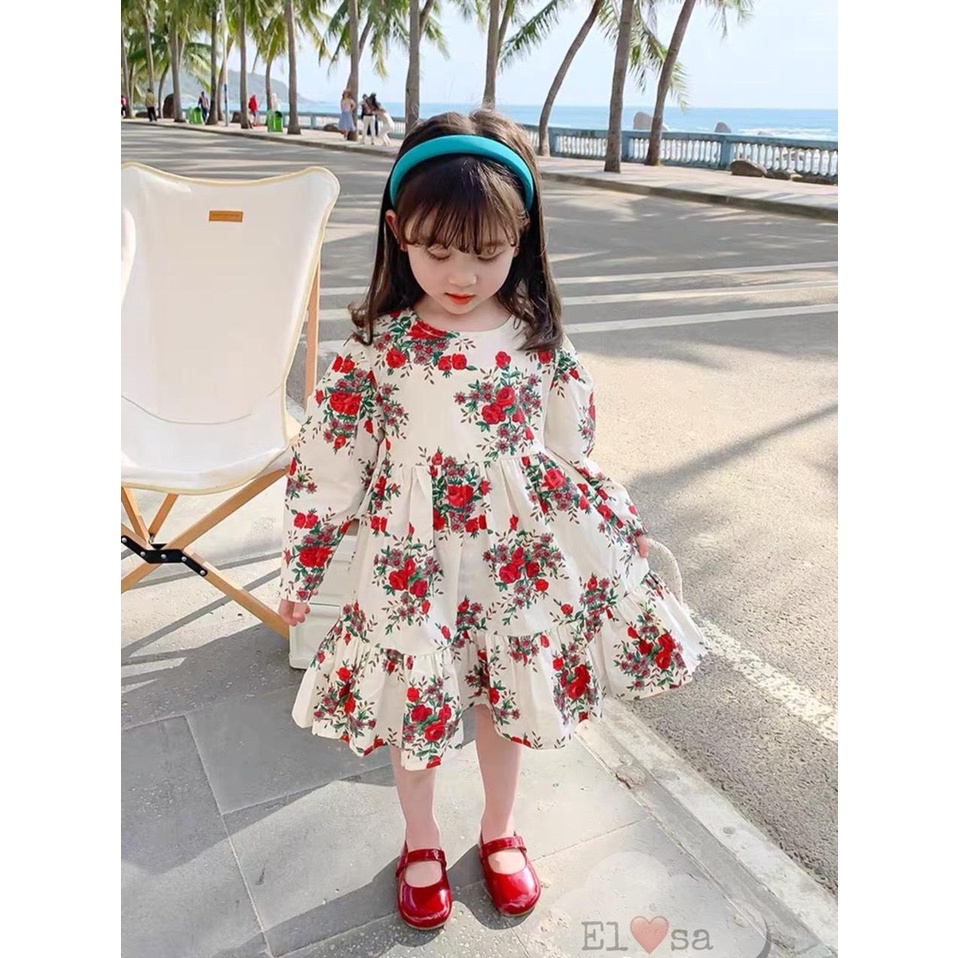 Váy Hoa Hồng Dài Tay Thu Đông Babydoll Bánh Bèo Siêu Xinh Cho Bé 9-25kg