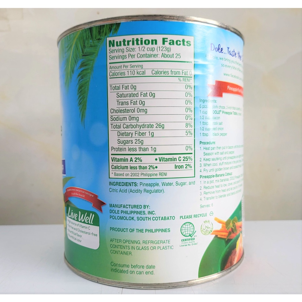 DỨA TƯƠI NGÂM SI RÔ  DOLE Pineapple Tidbits in Extra Light Syrup
