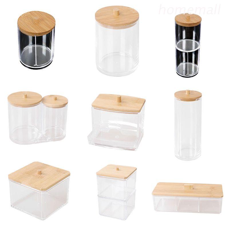 Hộp đựng tăm bông miếng bông trang điểm mỹ phẩm có nắp đậy bằng gỗ tre tiện lợi