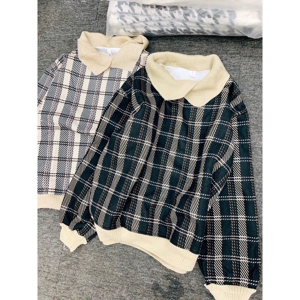 Áo dạ kẻ có cổ hot trend xinh cực xinh