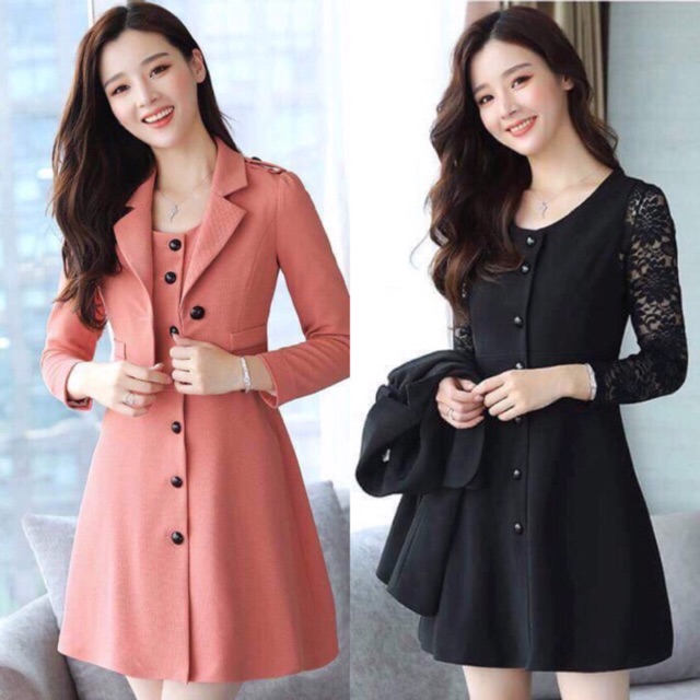 Bán Sỉ HOT Set áo vest đầm liền đính cúc tay phối ren DVNL21