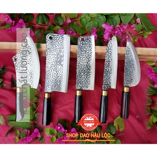 Dao bếp, bộ 5 dao nhà bếp làm từ Thép Nhíp dập vân chống dính 2 mặt chuyên chặt xương thái rau củ quả cán gỗ chắc chắn