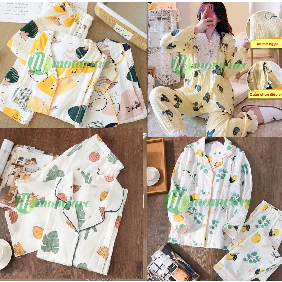Bộ đồ bầu sau sinh và cho con bú ti XÔ NHẬT thô đũi Đẹp, mát - Pijama thời trang, Pizama mặc nhà dài tay cho mẹ Bigsize