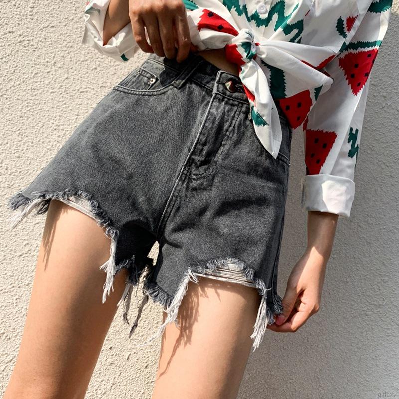 Quần short denim lưng cao mài rách phong cách Hàn Quốc cho nữ