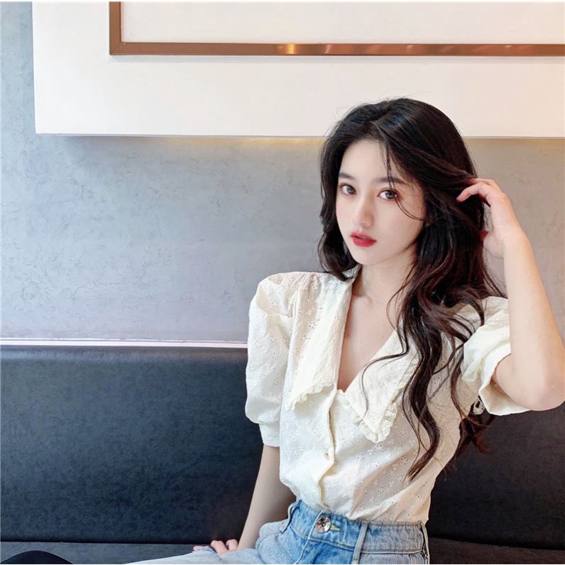 Áo sơ mi nữ kiểu form rộng màu trắng, thời trang cao cấp HACHIKI Áo sơ mi vải ren đẹp