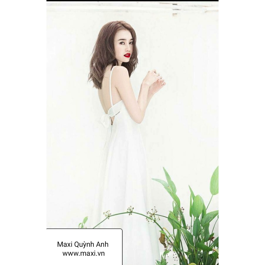 Đầm maxi trăng hai dây cộ cột nơ lưng sang trọng- bầu bí ok