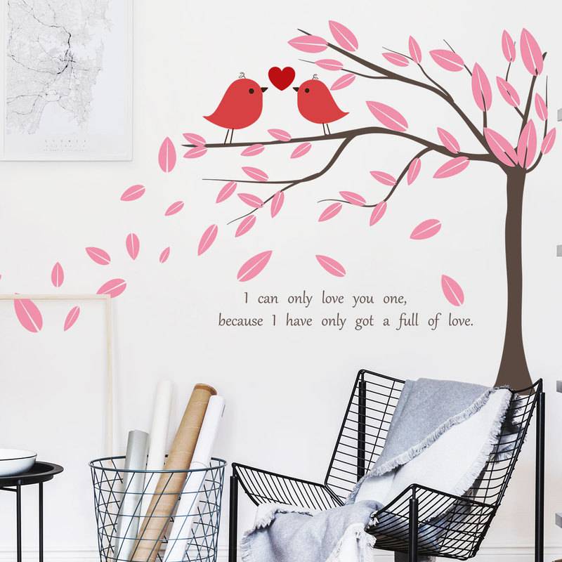 Bức tường chim trên cây hồng, phòng ngủ phòng khách ngày valentine tình yêu chim trang trí dán tường tẩy