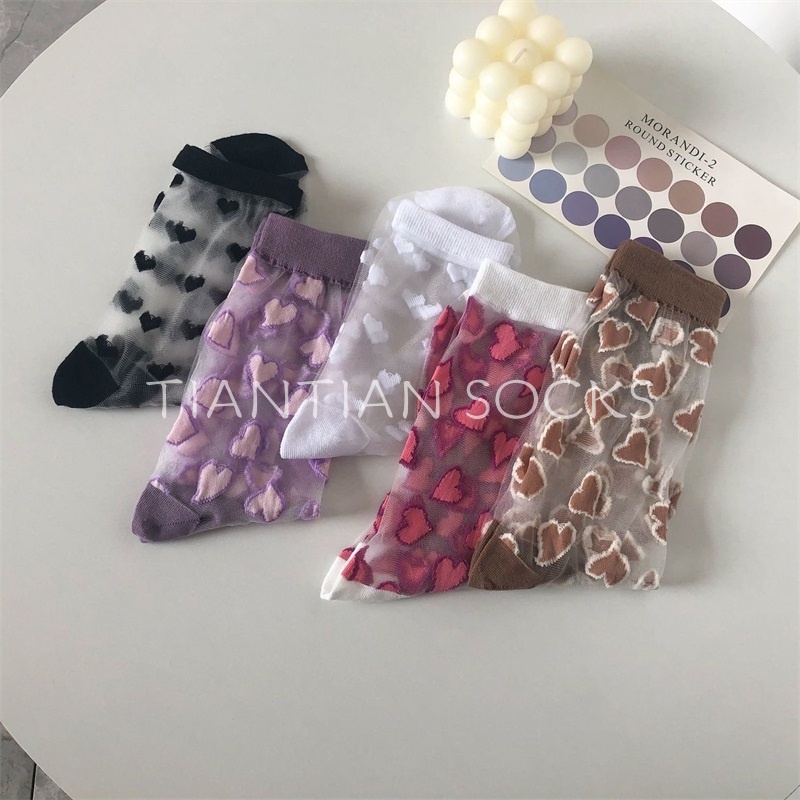 TIANTIAN T170 Tất Lụa Mỏng Trong Suốt In Họa Tiết Trái Tim Phong Cách Hàn Quốc Thời Trang Xuân Hè Cho Nữ