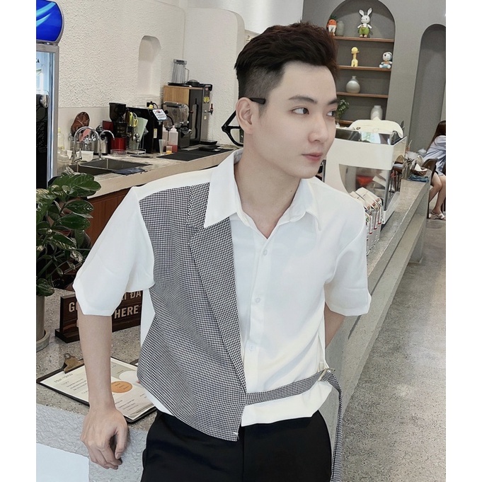 Áo Sơ Mi Tay Ngắn Nam Trắng/Đen Phối Vest Đen Premium Unisex Chất Vải Dày Đẹp Mr Smile 99 Shop