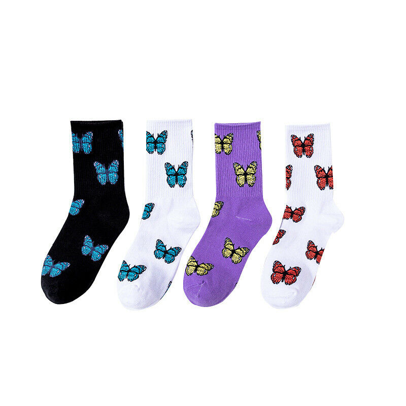 Đôi tất cotton cổ cao hoạ tiết bướm phong cách harajuku cho nữ