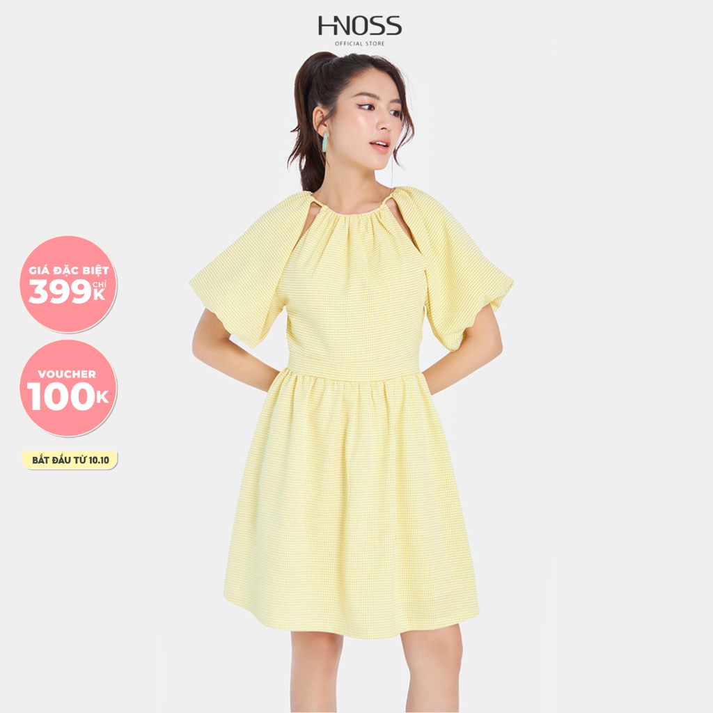 Đầm Xoè Nữ Thời Trang HNOSS Cut-Out Vai Tay Phồng HNDLU055