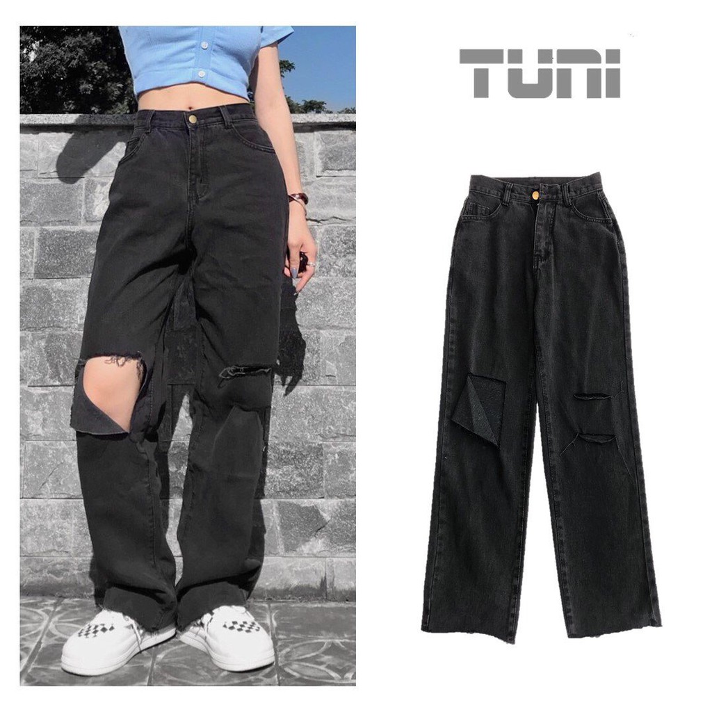 Quần Jean Nữ Lưng Cao Dáng Suông COL Rách Gối Phong Cách Ulzzang - Tuni Store