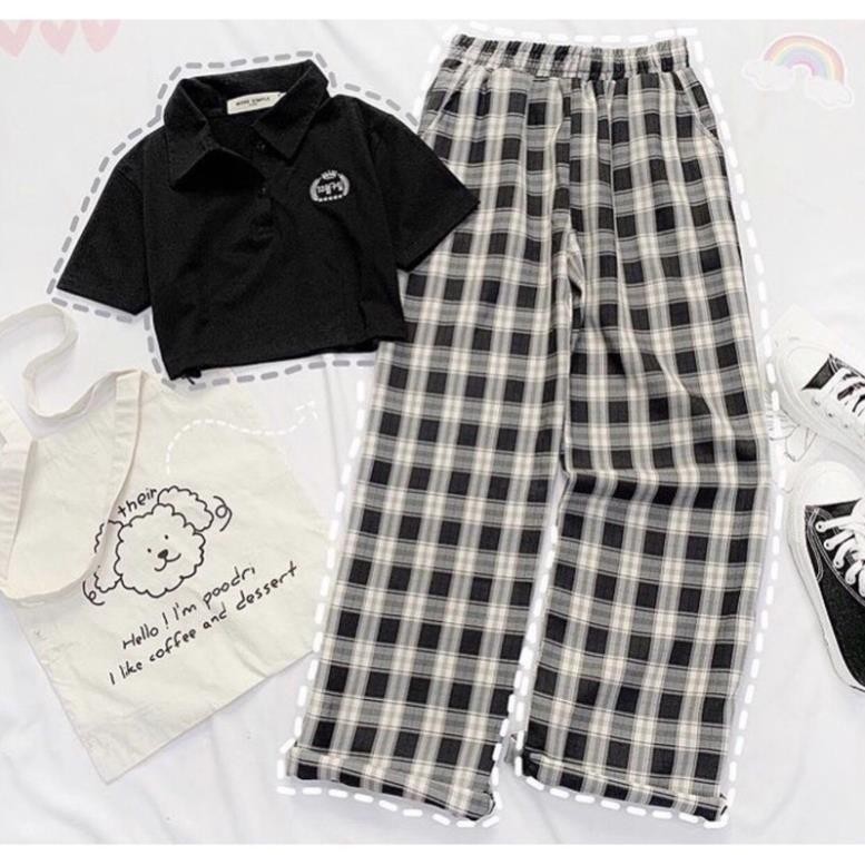 Set Quần Baggy Caro + Áo Croptop Logo Chữ Hàn Free Size Dưới 55Kg